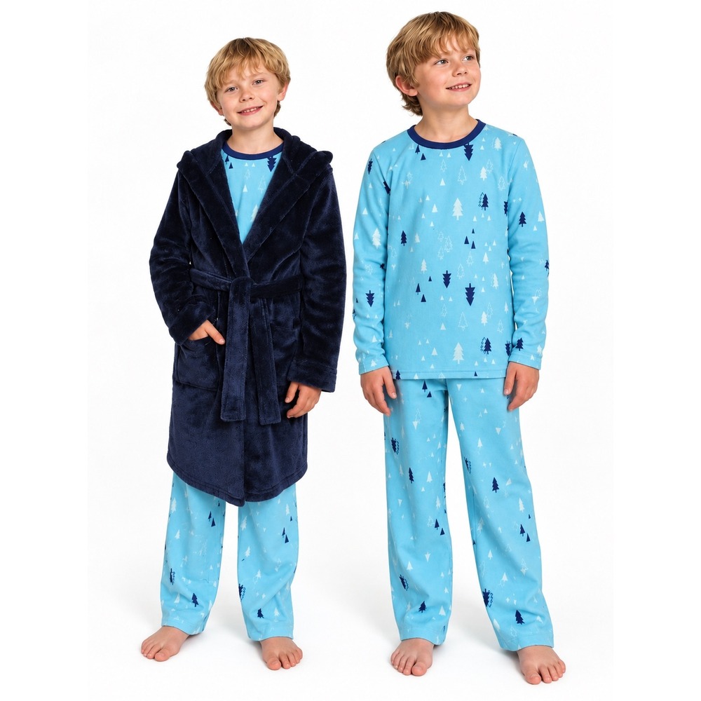 NWT Lands' End Boys Fleece Pajama Set L 14/16 Blue Tree Robe 3pc Sleepwear